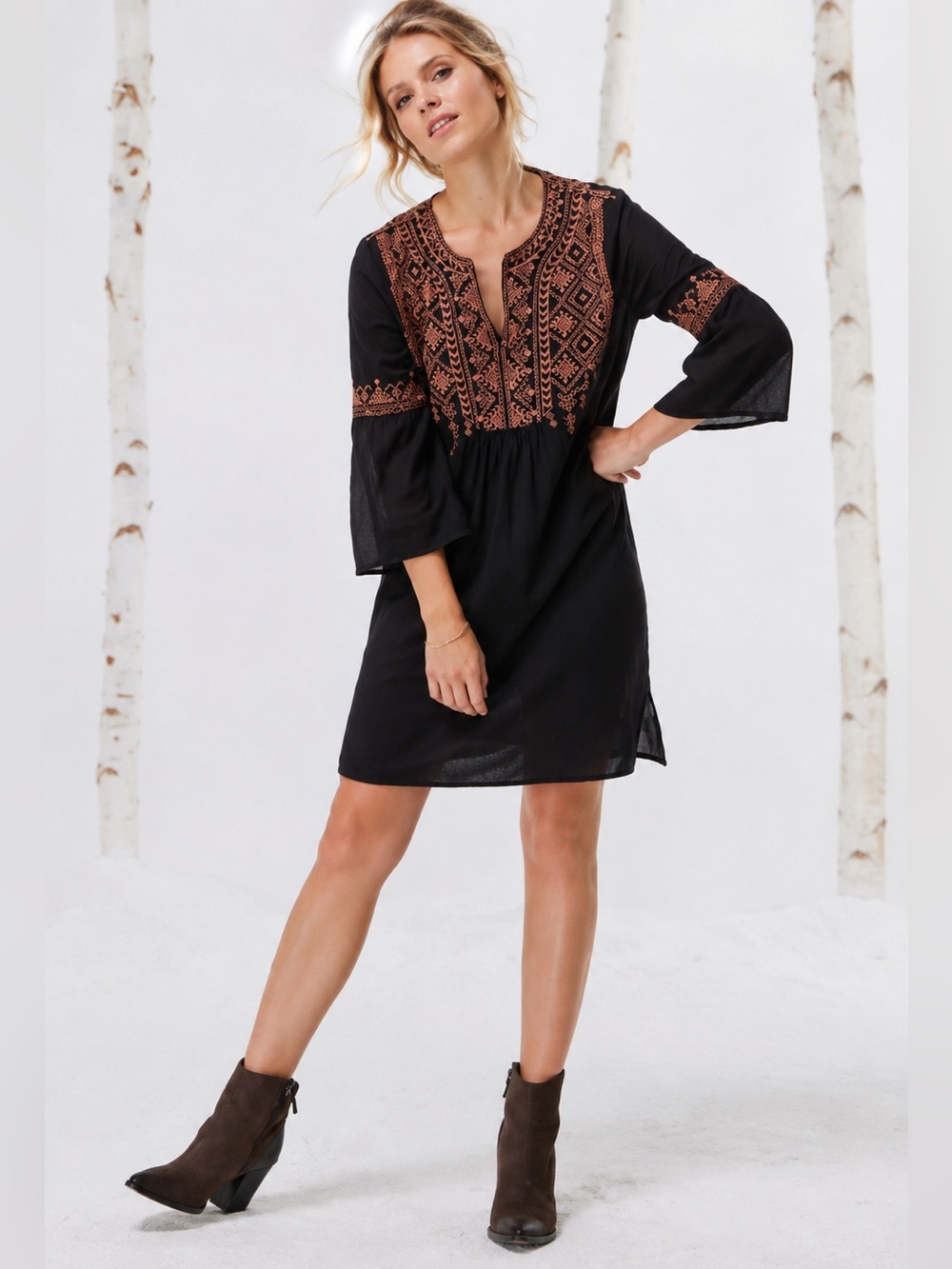 Johnny Was Meghan Embroidered Boho Flare Sleeve Tunic Dress Black XS